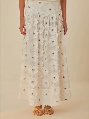 FARM Rio White Daisy Appliqué Midi Skirt